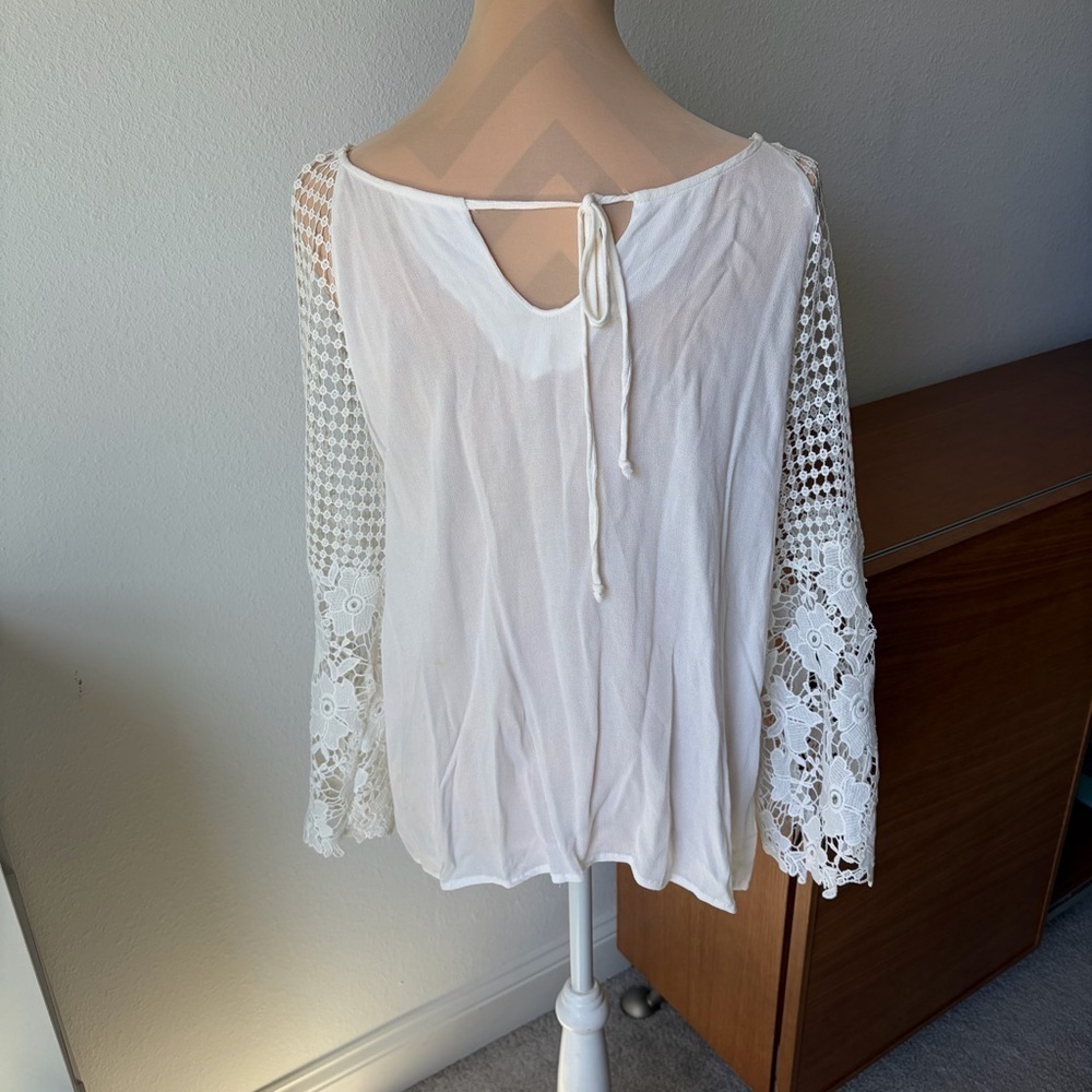 White Lace Women’s Blouse Size M | Boho Crochet Sleeve Peasant Top - Picture 7 of 8
